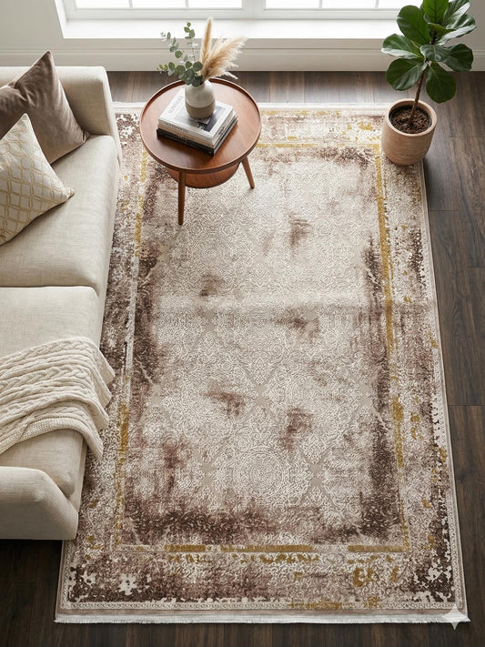 Distressed Oriental Area Rug – Beige Medallion Carpet, Turkish Boho Style