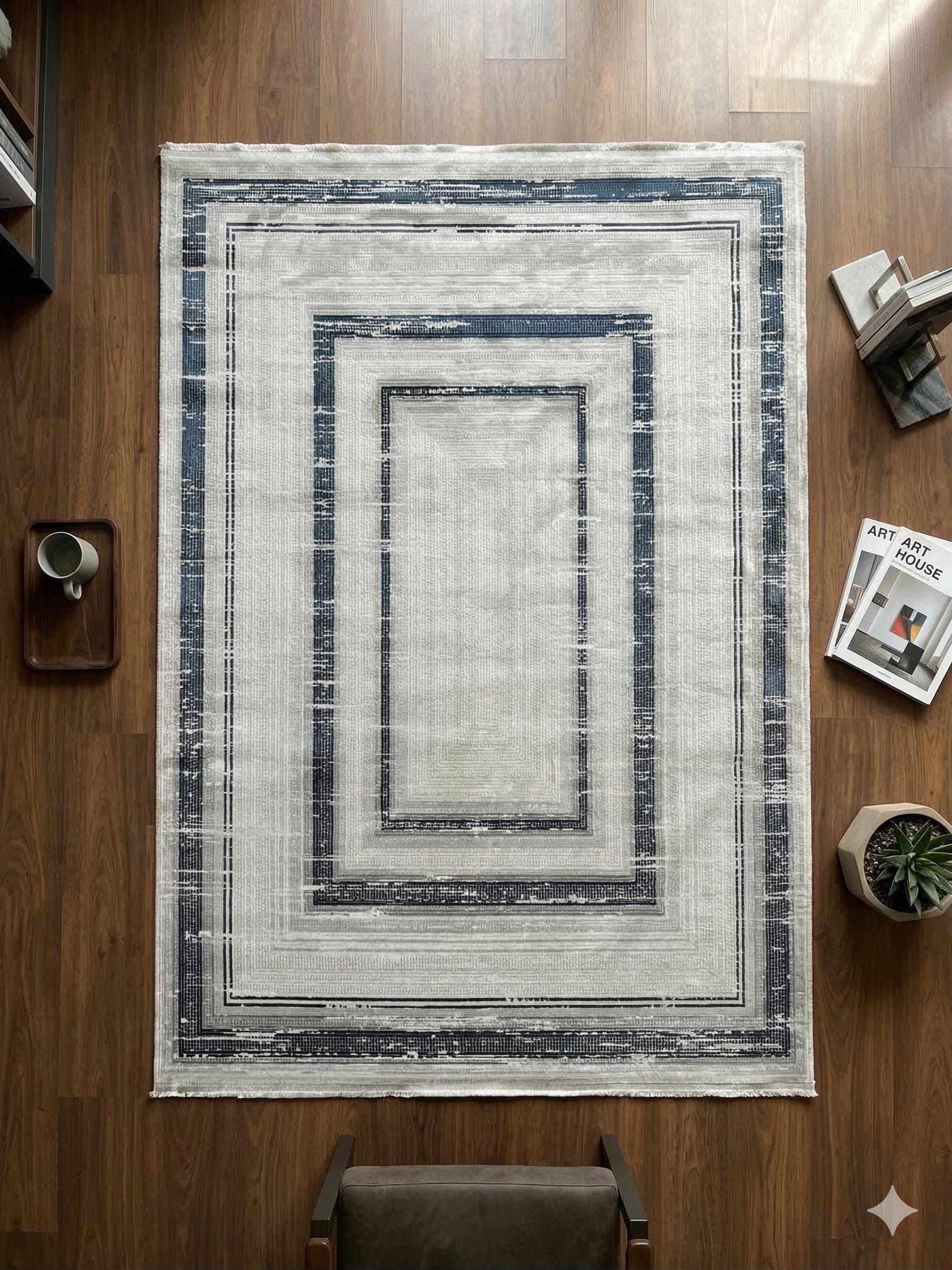 Modern Geometric Navy Blue Gray Area Rug | Distressed Frame Soft Indoor Carpet