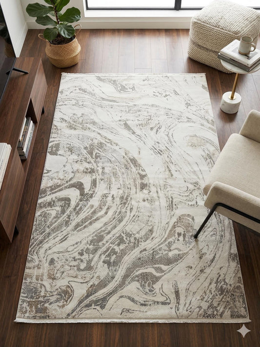 Modern Marble Swirl Area Rug – Beige Brown Abstract Carpet, 160x230cm