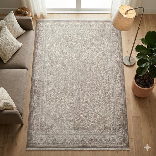Distressed Persian Style Area Rug – Neutral Beige Medallion Carpet