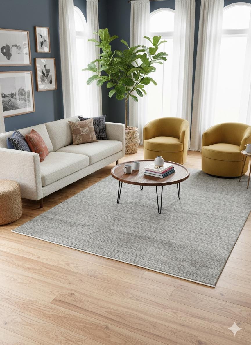 Modern Gray Area Rug with Tassels: Washable, Anti-Allergic Carpet