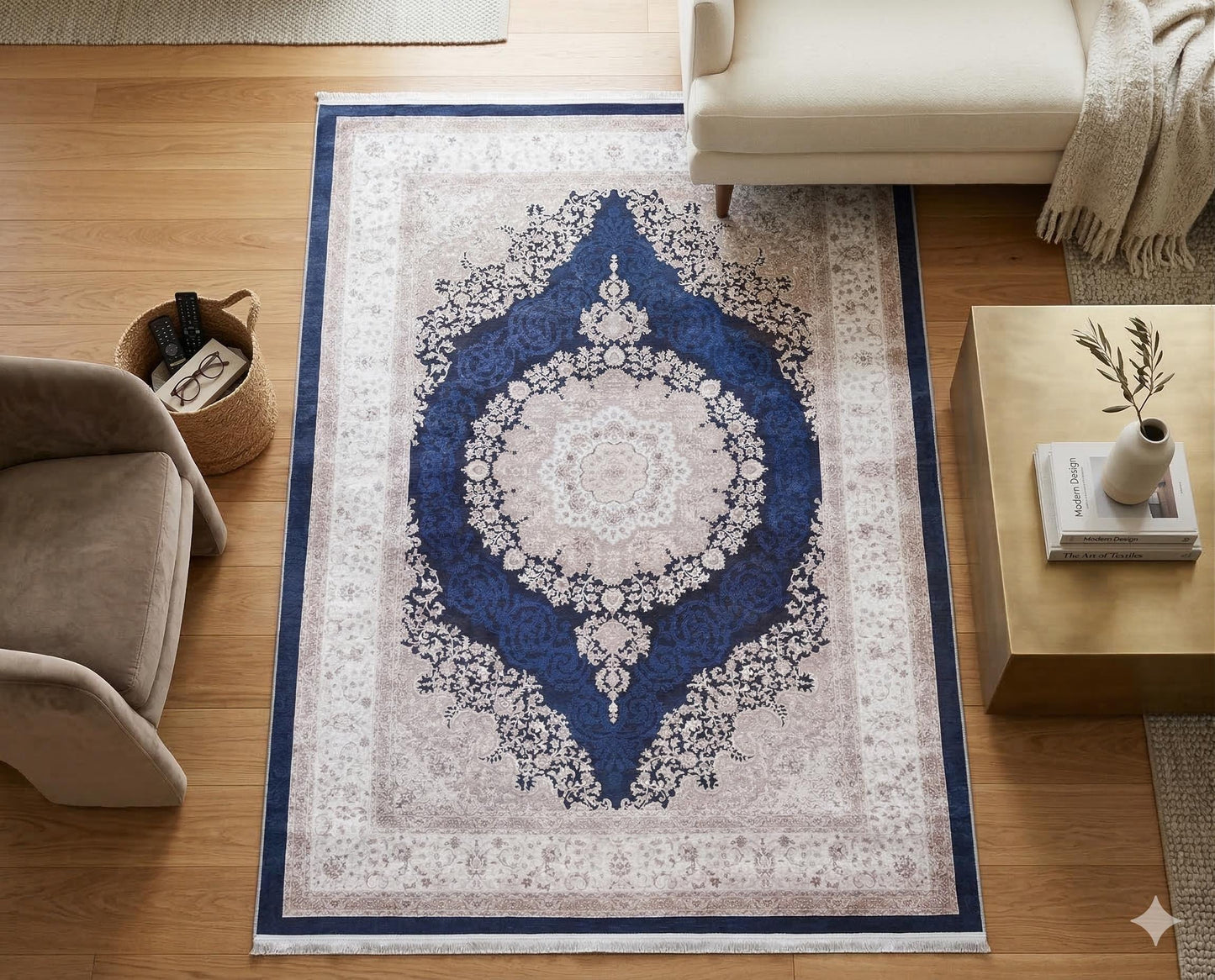 Navy Blue Ivory Oriental Medallion Area Rug, Distressed Persian Style Carpet