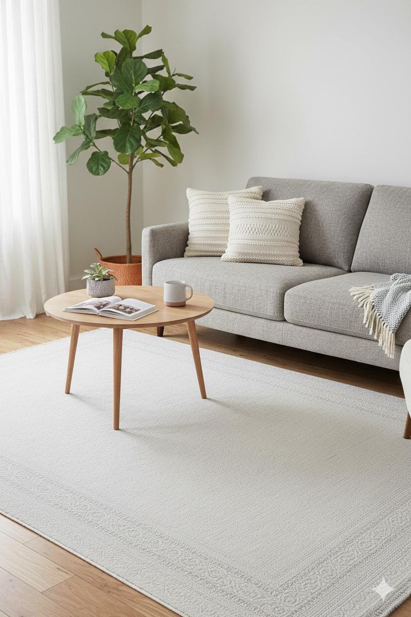 Modern White Texture Rug, 7x10 Cream Contemporary Area Carpet (200x300cm)