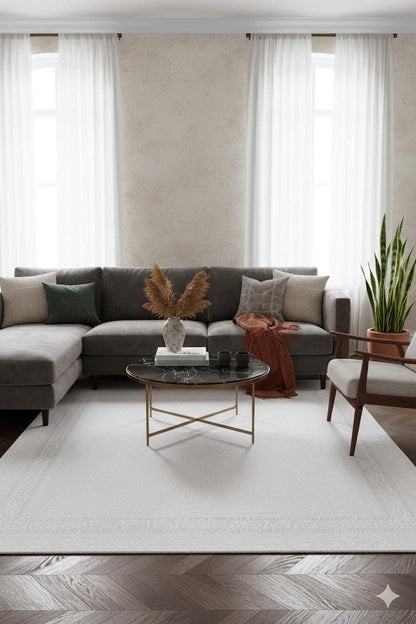 Modern White Texture Rug, 7x10 Cream Contemporary Area Carpet (200x300cm)