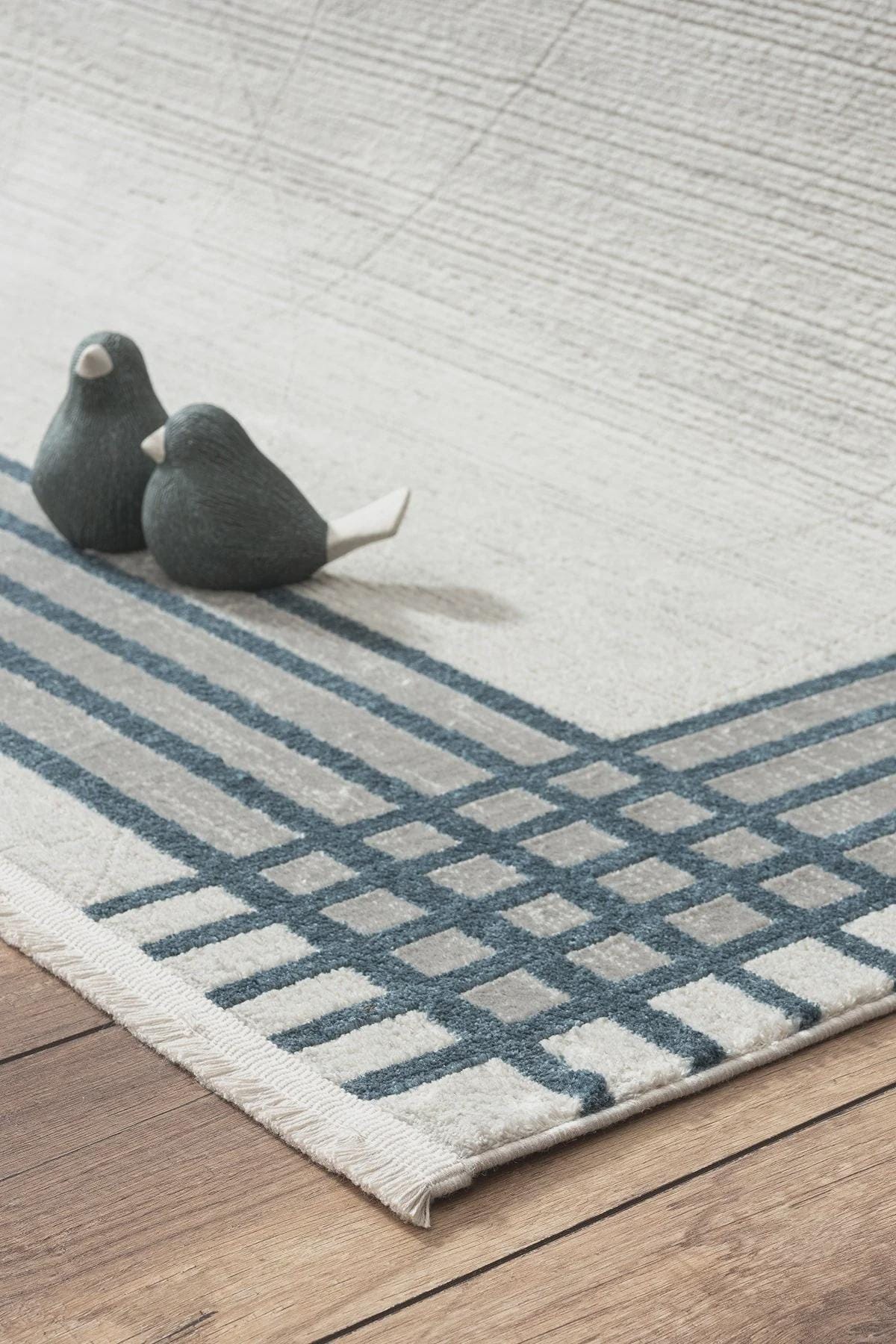 Modern Minimalist Plaid Border Area Rug | Neutral Gray & Ivory Geometric Decor