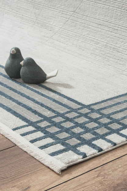 Modern Minimalist Plaid Border Area Rug | Neutral Gray & Ivory Geometric Decor