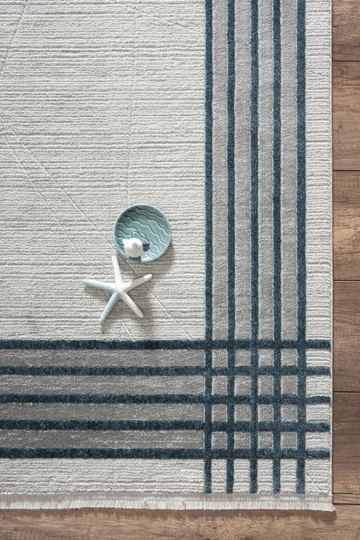 Modern Minimalist Plaid Border Area Rug | Neutral Gray & Ivory Geometric Decor