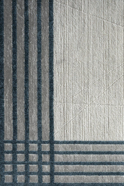 Modern Geometric Border Area Rug – Minimalist Cream & Charcoal Plaid Pattern – Scandi-Industrial Style Textured Carpet