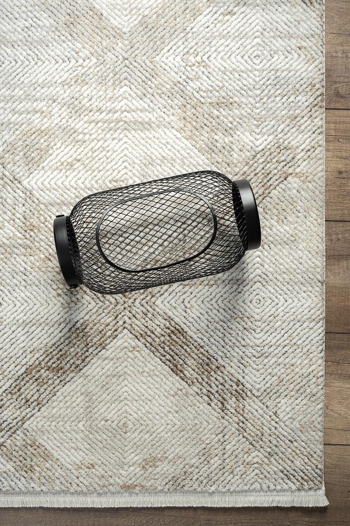 Cream Textured Geometric Carpet with Tassels, Minimalist Scandi Home Decor, Neutral Living Room Rug.