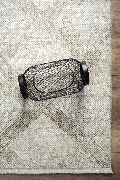 Cream Textured Geometric Carpet with Tassels, Minimalist Scandi Home Decor, Neutral Living Room Rug.