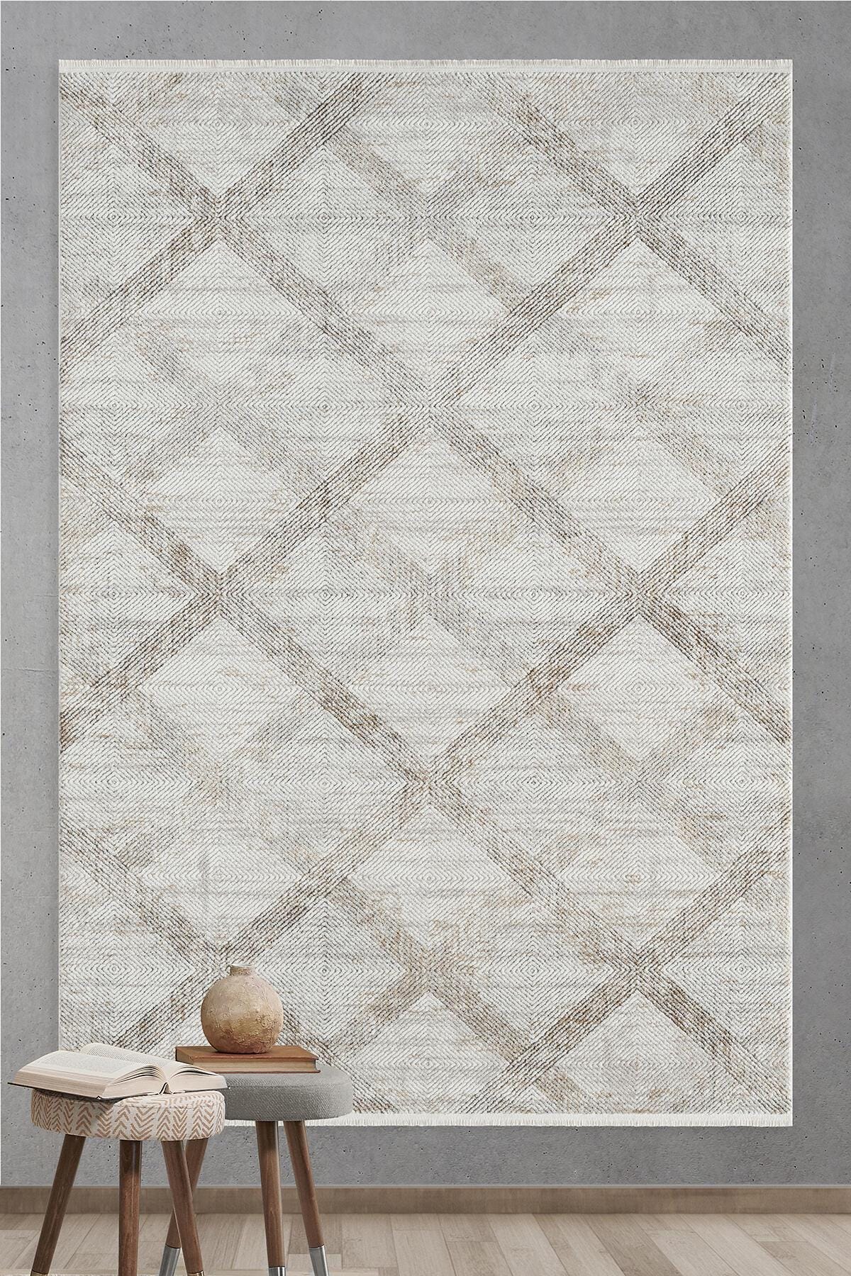 Cream Textured Geometric Carpet with Tassels, Minimalist Scandi Home Decor, Neutral Living Room Rug.