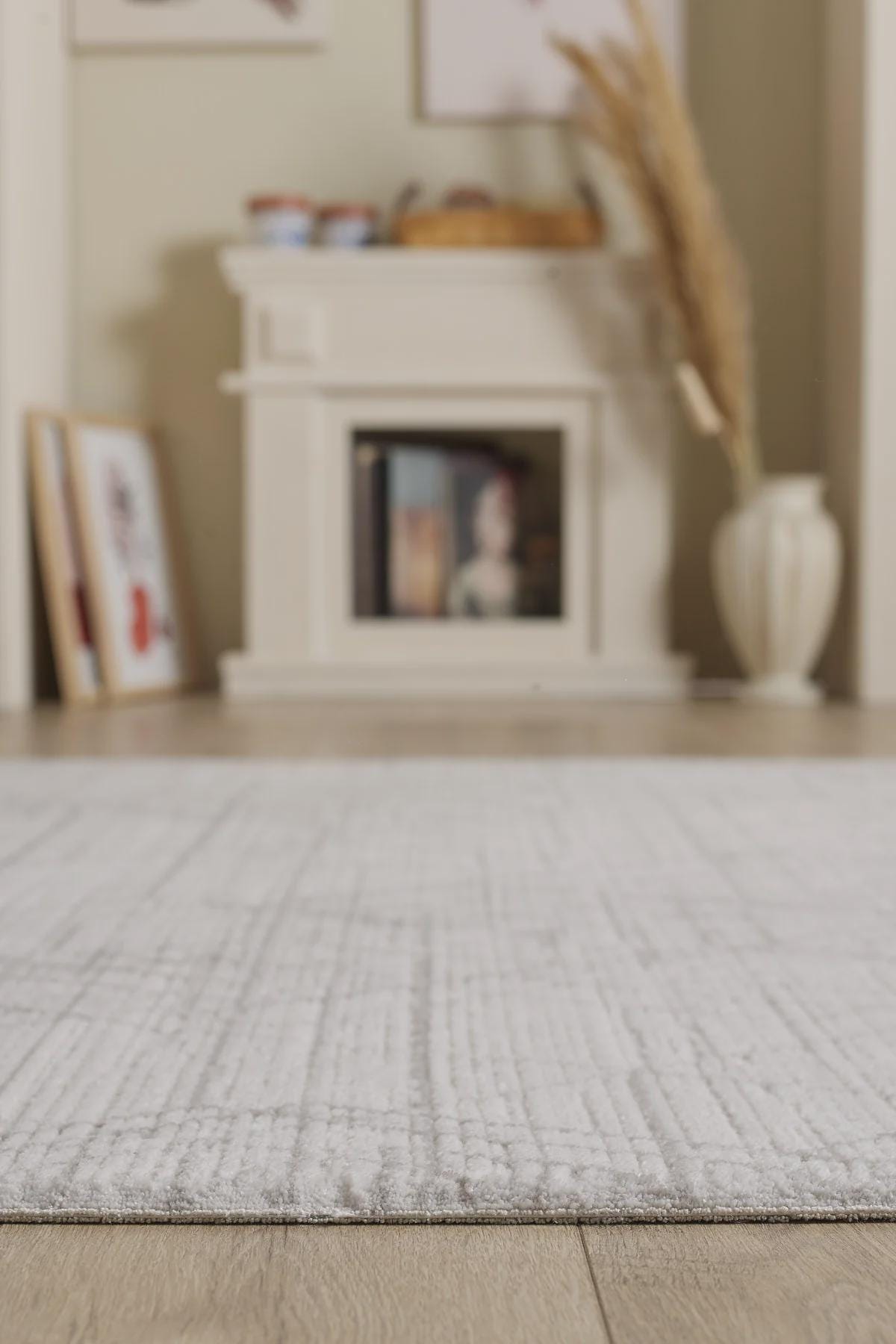 Cream Textured Geometric Carpet with Tassels, Minimalist Scandi Home Decor, Neutral Living Room Rug.