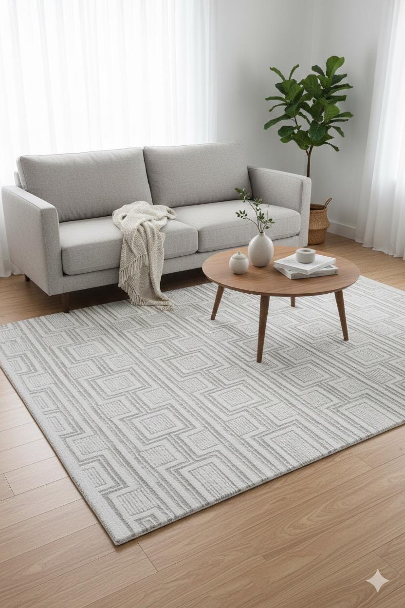 Modern Checkerboard Texture Rug, 5x7 Cream Contemporary Area Carpet (160x230cm)