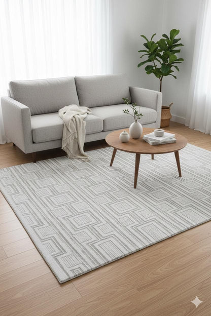 Modern Checkerboard Texture Rug, 5x7 Cream Contemporary Area Carpet (160x230cm)