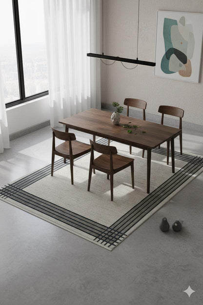 Modern Minimalist Plaid Border Area Rug | Neutral Gray & Ivory Geometric Decor