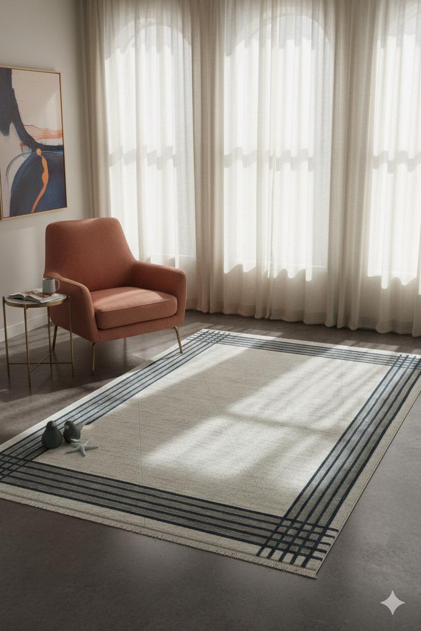 Modern Minimalist Plaid Border Area Rug | Neutral Gray & Ivory Geometric Decor