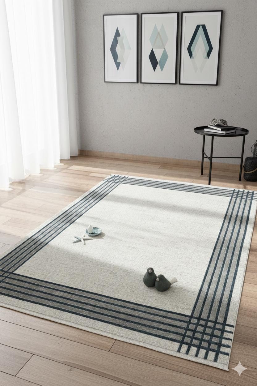 Modern Geometric Border Area Rug – Minimalist Cream & Charcoal Plaid Pattern – Scandi-Industrial Style Textured Carpet