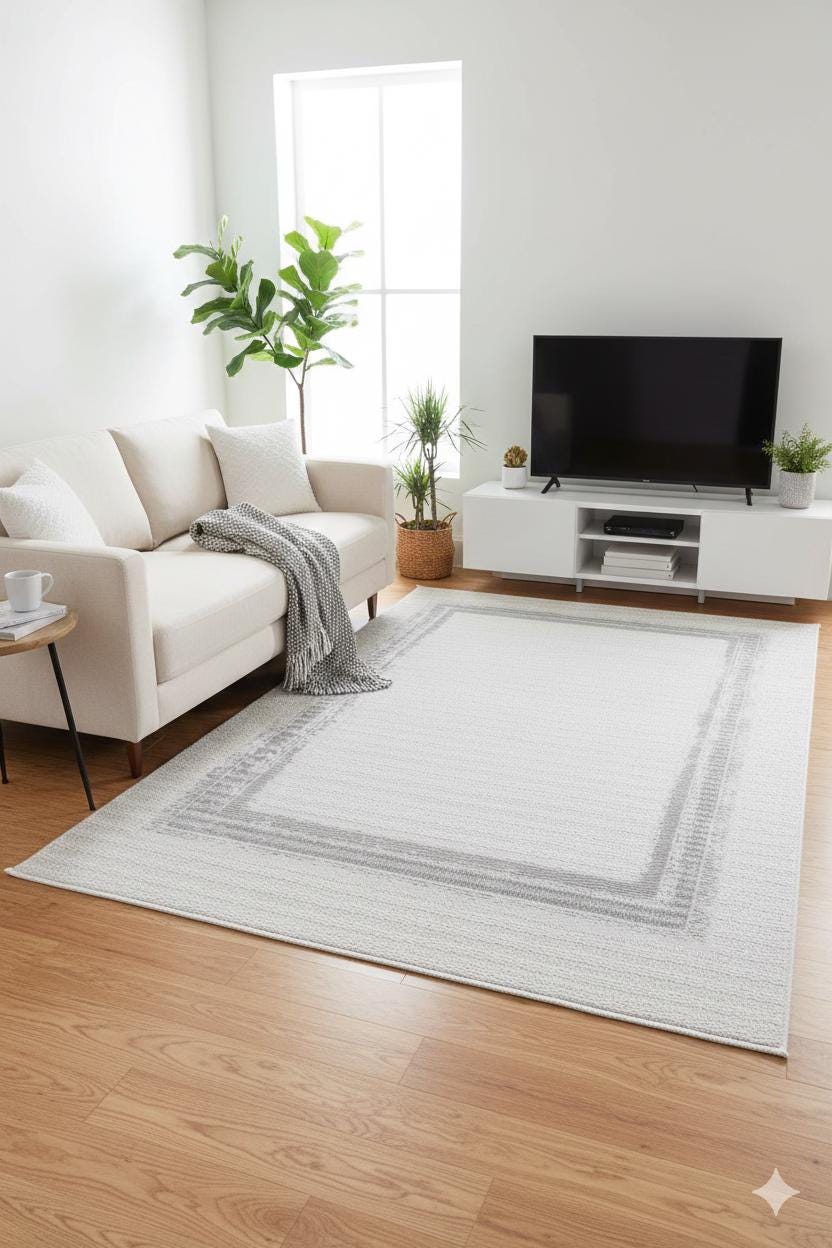 Modern White Texture Rug, 5x7 Cream Contemporary Area Carpet (160x230cm)