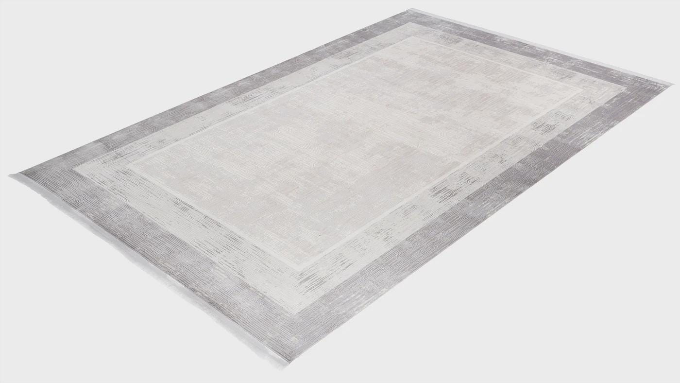 Modern Geometric Area Rug – Cream Grey Minimalist Border Design – Soft Neutral Carpet