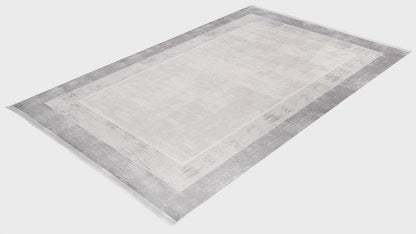 Modern Geometric Area Rug – Cream Grey Minimalist Border Design – Soft Neutral Carpet