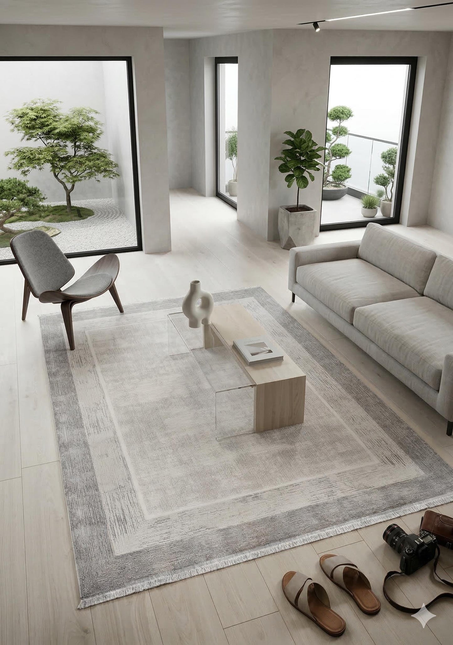 Modern Geometric Area Rug – Cream Grey Minimalist Border Design – Soft Neutral Carpet