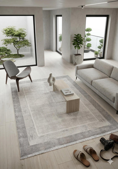 Modern Geometric Area Rug – Cream Grey Minimalist Border Design – Soft Neutral Carpet