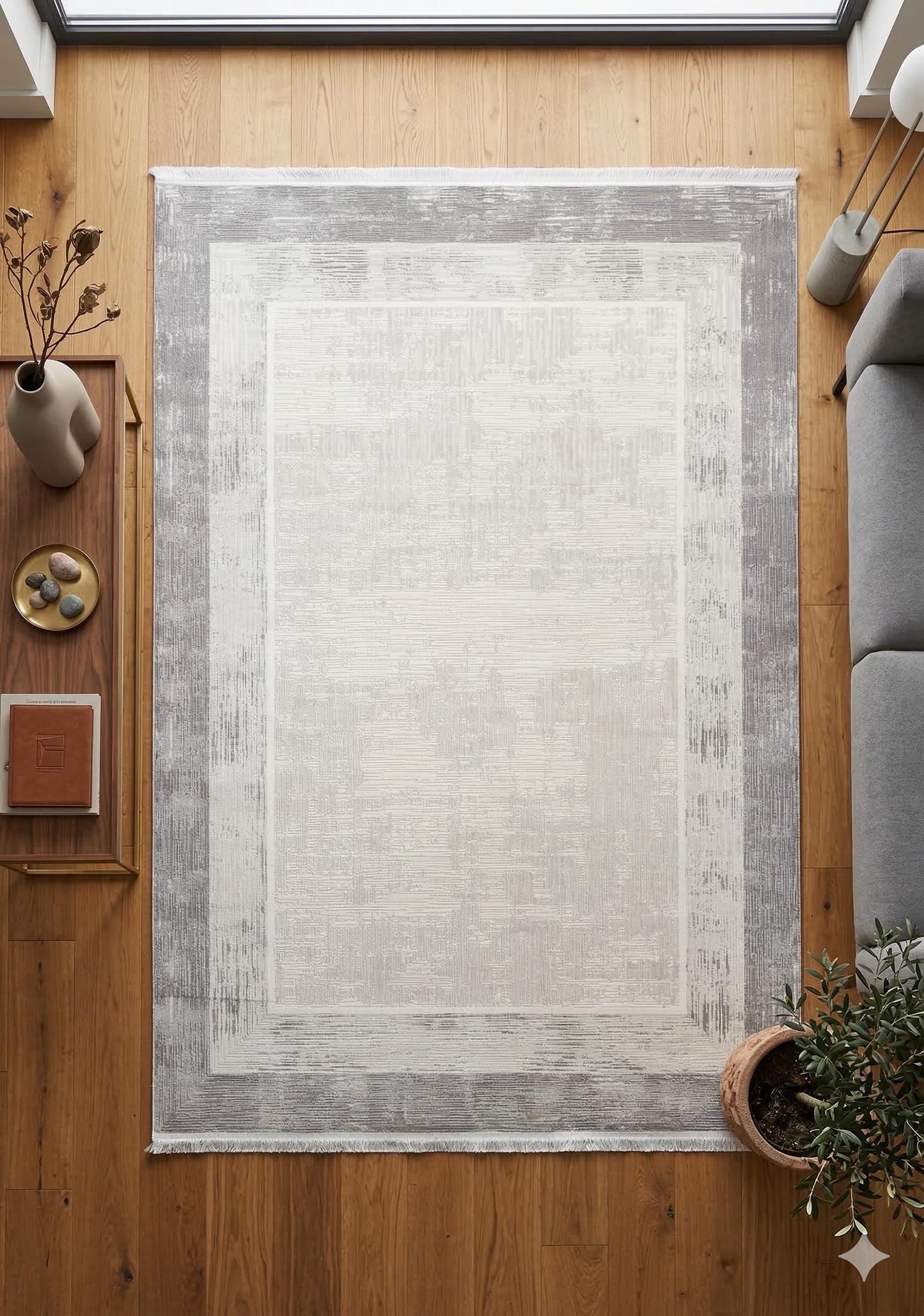 Modern Geometric Area Rug – Cream Grey Minimalist Border Design – Soft Neutral Carpet