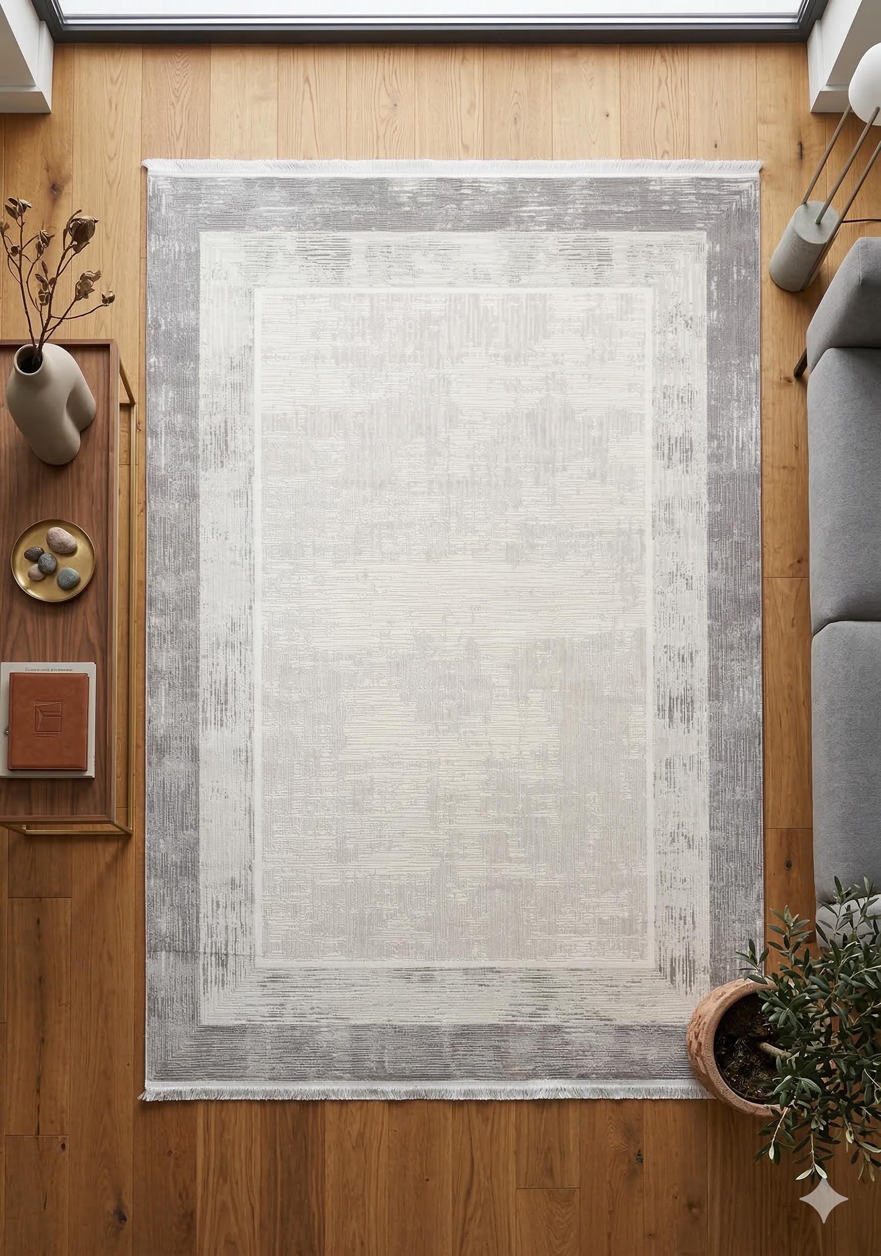 Modern Geometric Area Rug – Cream Grey Minimalist Border Design – Soft Neutral Carpet