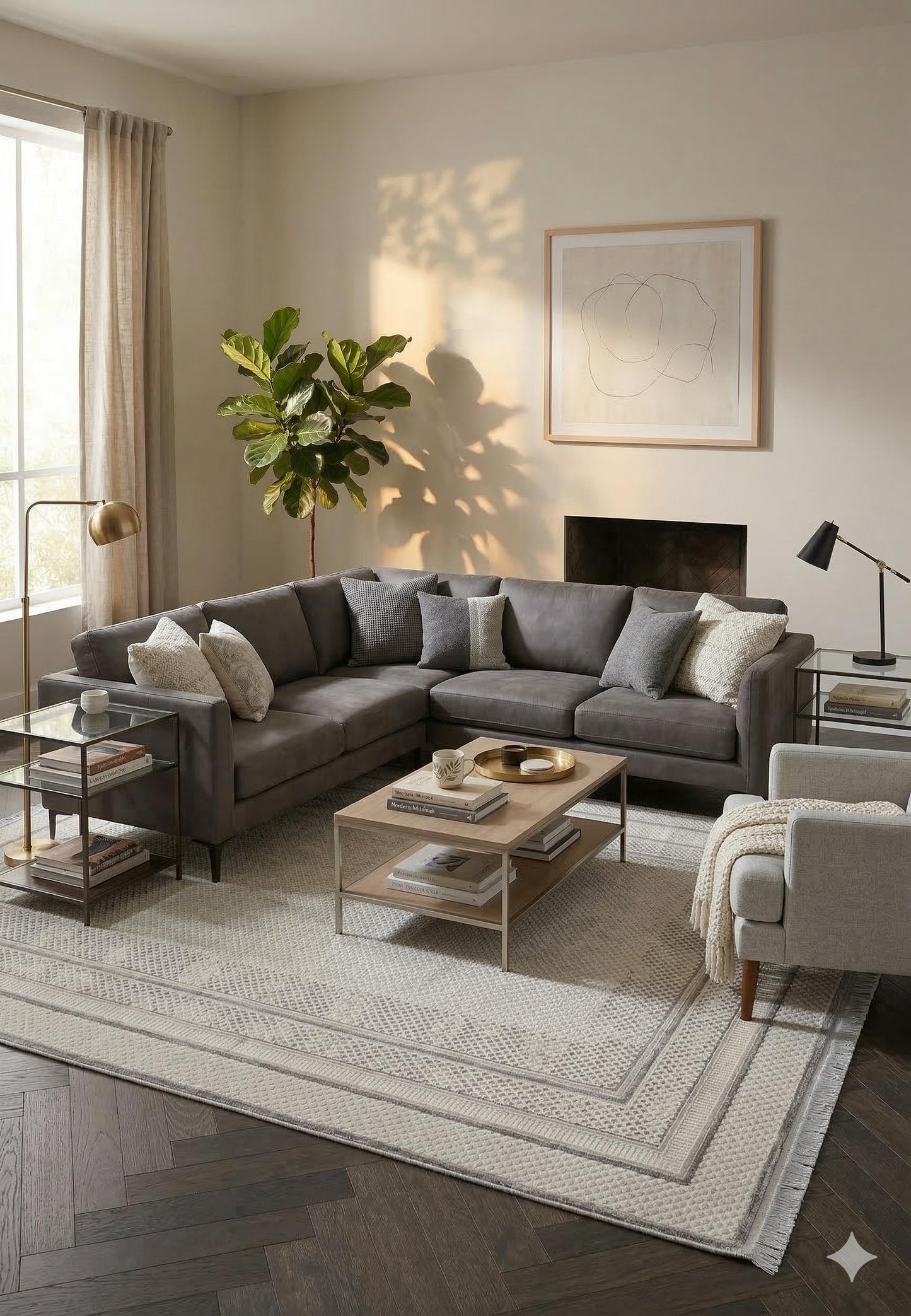 Modern Geometric Area Rug – Cream Grey Minimalist Border Design – Soft Neutral Carpet