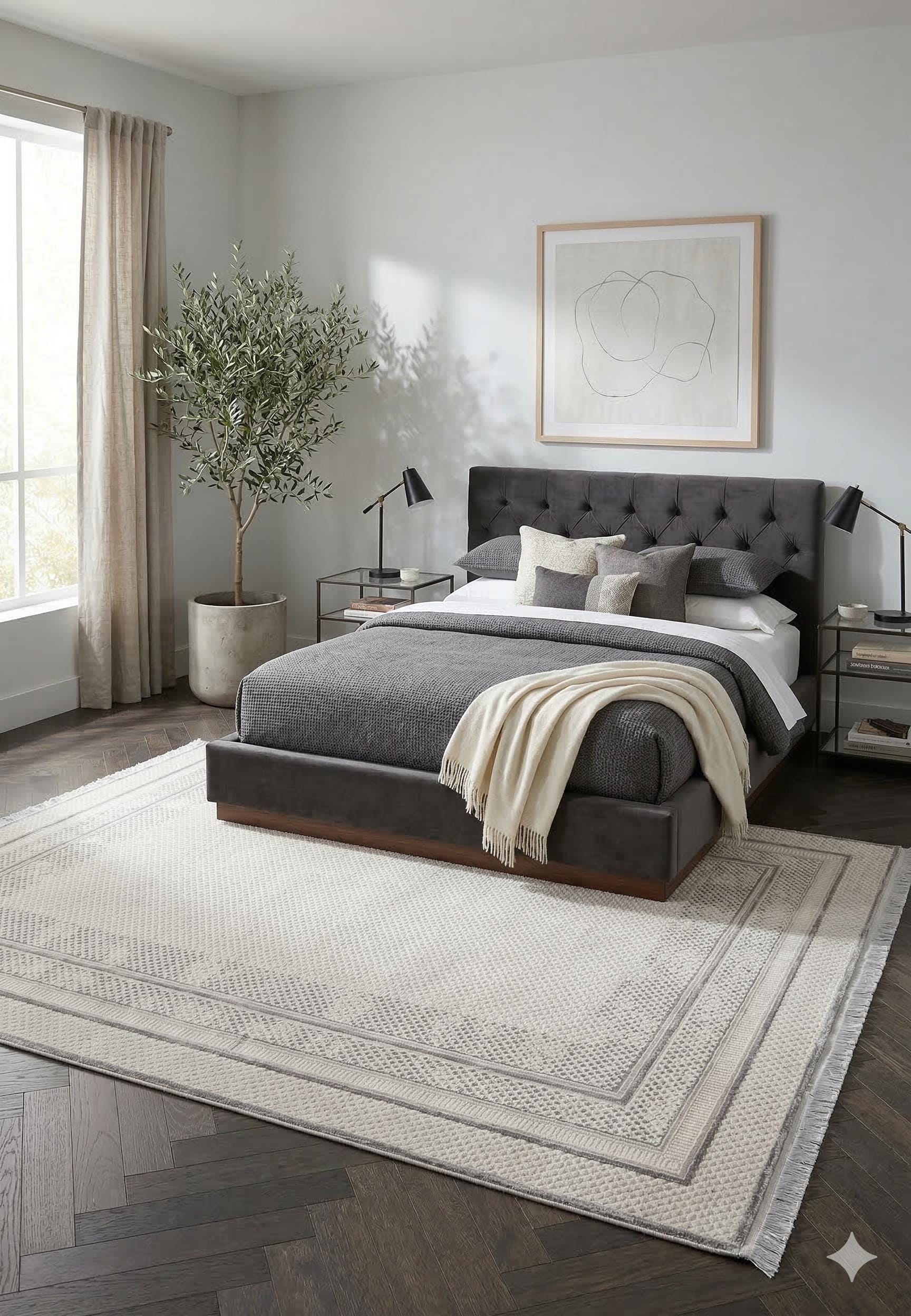 Modern Geometric Area Rug – Cream Grey Minimalist Border Design – Soft Neutral Carpet