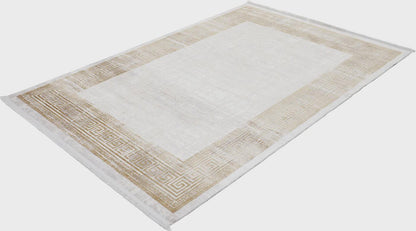 Gold Cream Greek Key Area Rug, Distressed Acrylic Living Room Carpet