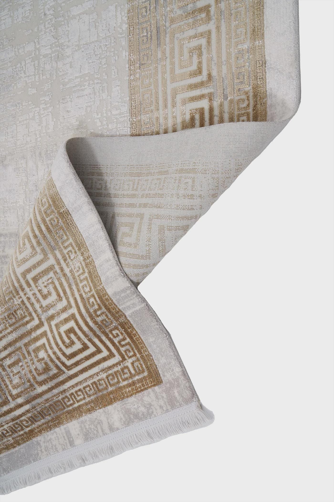 Gold Cream Greek Key Area Rug, Distressed Acrylic Living Room Carpet