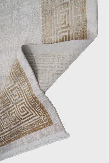 Gold Cream Greek Key Area Rug, Distressed Acrylic Living Room Carpet