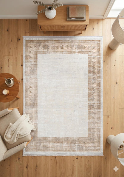 Gold Cream Greek Key Area Rug, Distressed Acrylic Living Room Carpet