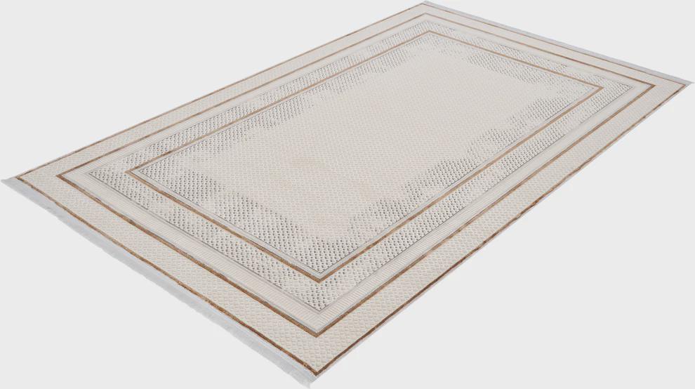 Modern Camel Cream Bordered Area Rug – Minimalist Salon Carpet, Soft Acrylic Living Room Rug
