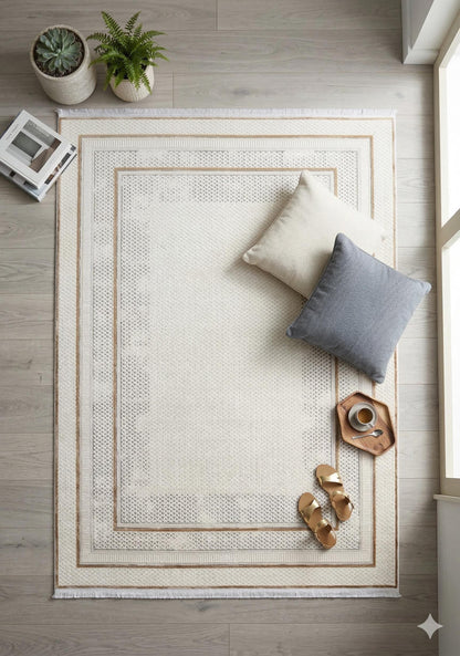 Modern Camel Cream Bordered Area Rug – Minimalist Salon Carpet, Soft Acrylic Living Room Rug