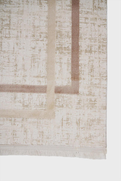 Modern Camel Cream Bordered Acrylic Area Rug – Minimalist Living Room Carpet