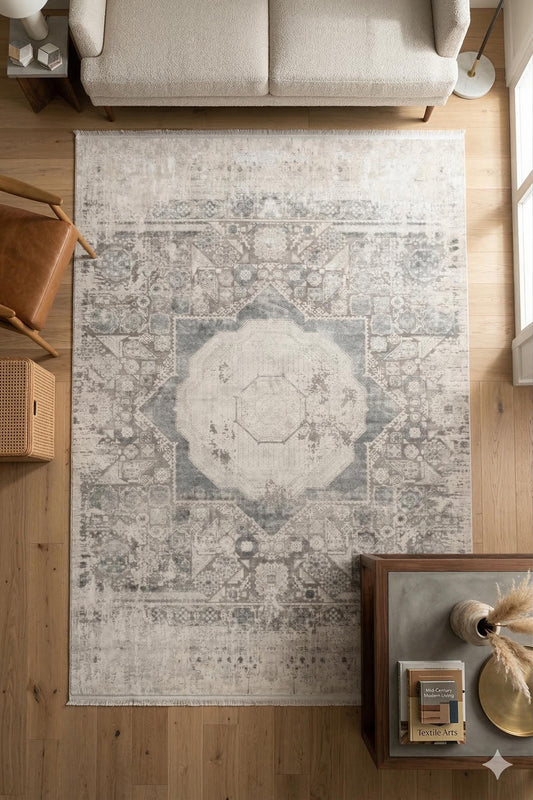 7x10 ft, Gray Classic Mamluk Rug made with Bamboo yarn with Fringes