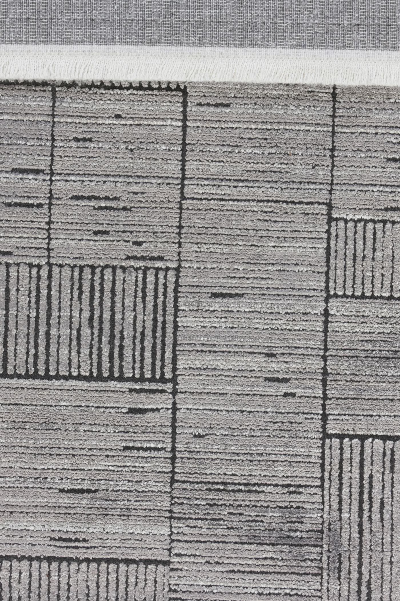 7x10ft, Modern Ash Grey Geometric Area Rug, Bamboo Viscose Blend, Abstract Linear Pattern