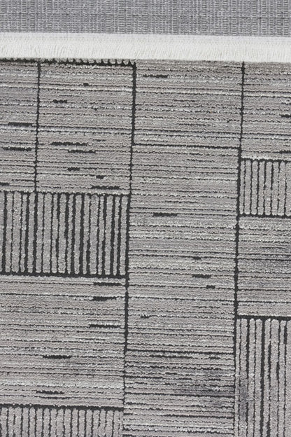 7x10ft, Modern Ash Grey Geometric Area Rug, Bamboo Viscose Blend, Abstract Linear Pattern