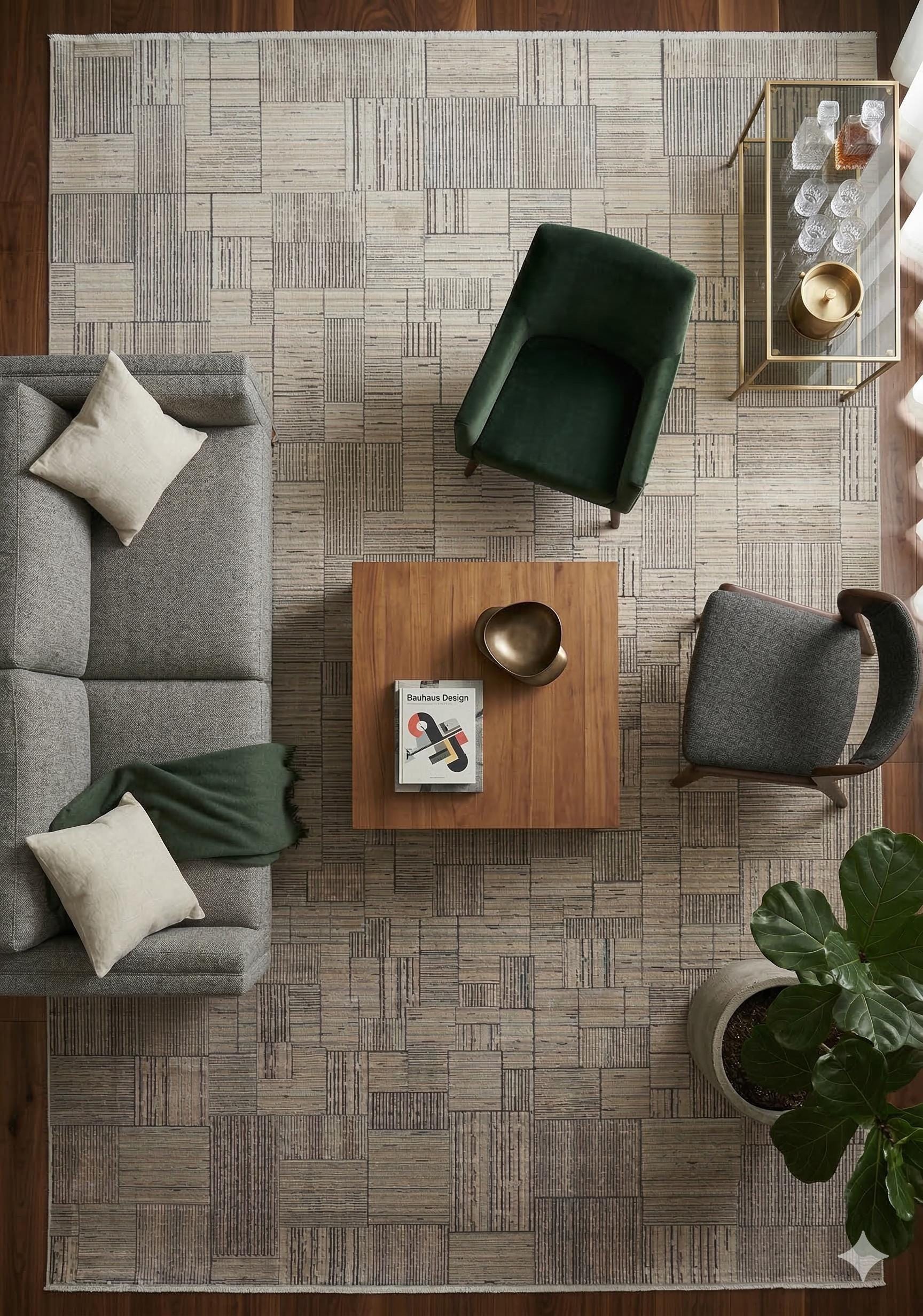 7x10ft, Modern Geometric Viscose Bamboo Silk Rug, Antique Gold Abstract Linear Salon Carpet