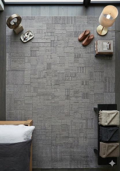 7x10ft, Modern Ash Grey Geometric Area Rug, Bamboo Viscose Blend, Abstract Linear Pattern