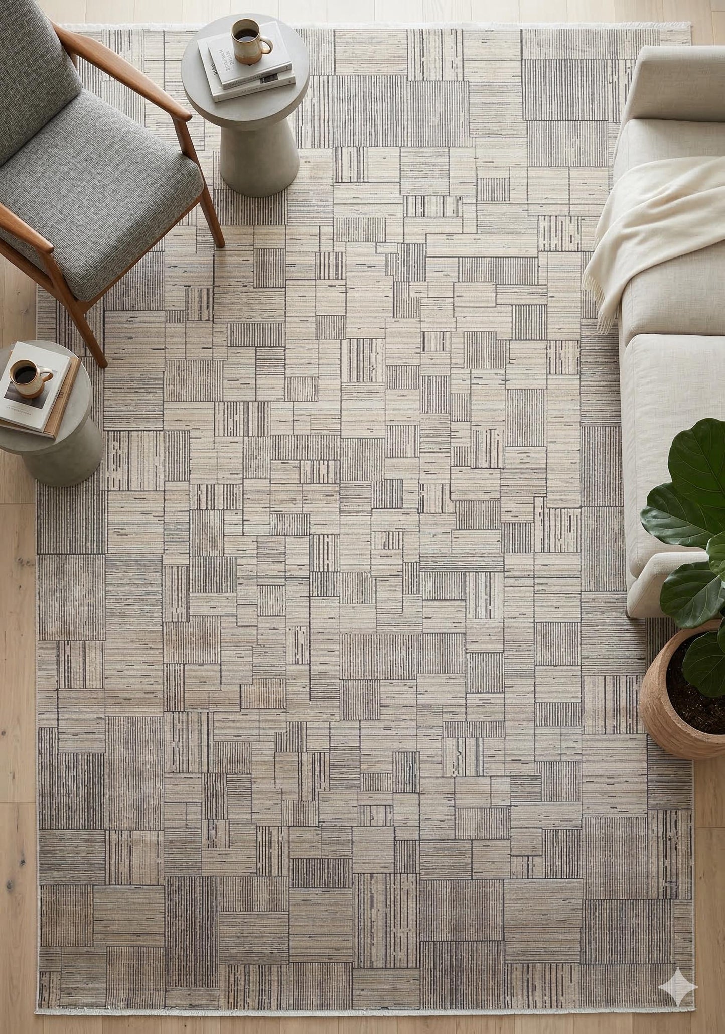 7x10ft, Modern Geometric Viscose Bamboo Silk Rug, Antique Gold Abstract Linear Salon Carpet
