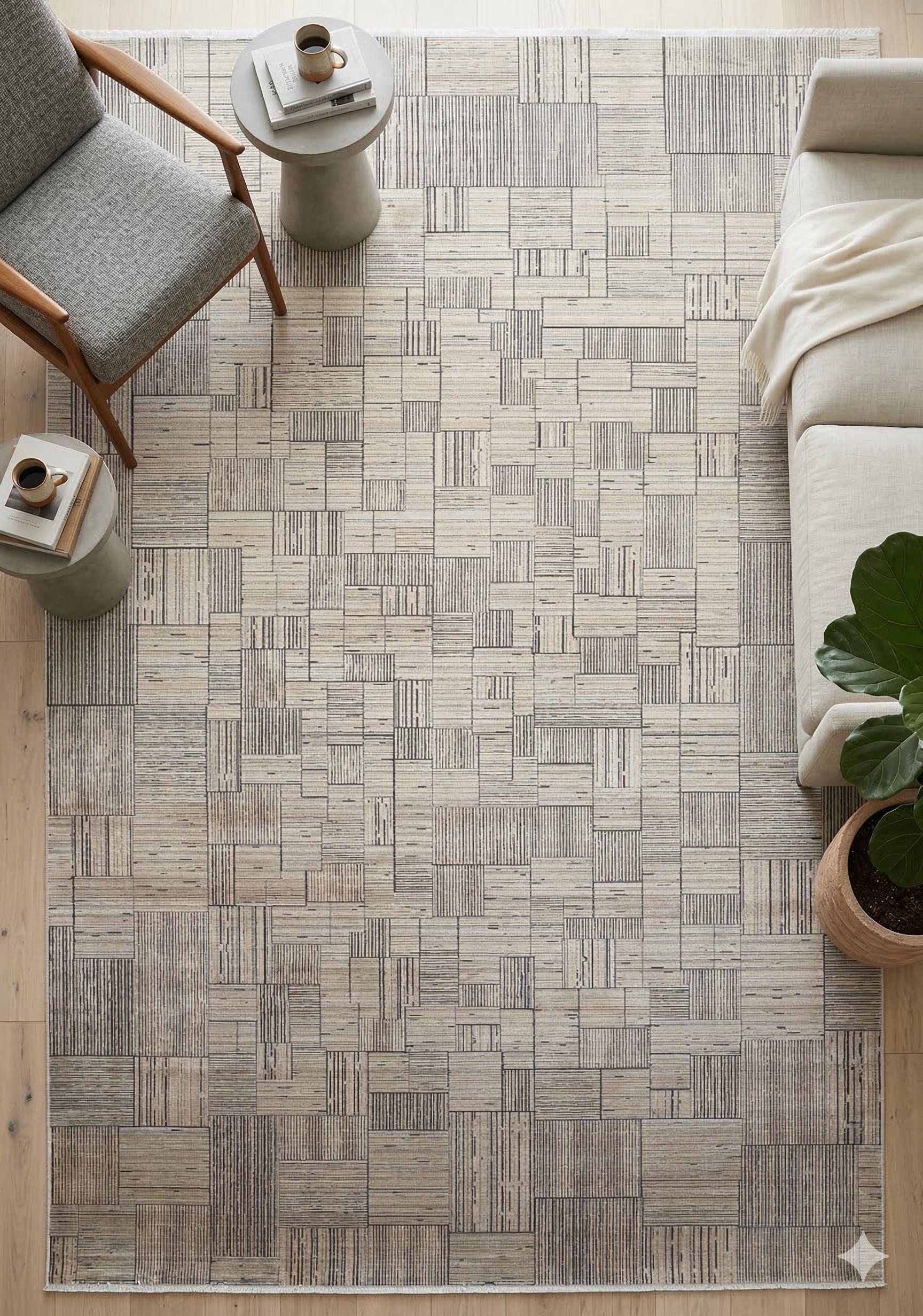 7x10ft, Modern Geometric Viscose Bamboo Silk Rug, Antique Gold Abstract Linear Salon Carpet