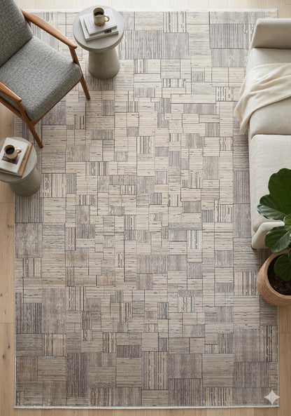 7x10ft, Modern Geometric Viscose Bamboo Silk Rug, Antique Gold Abstract Linear Salon Carpet