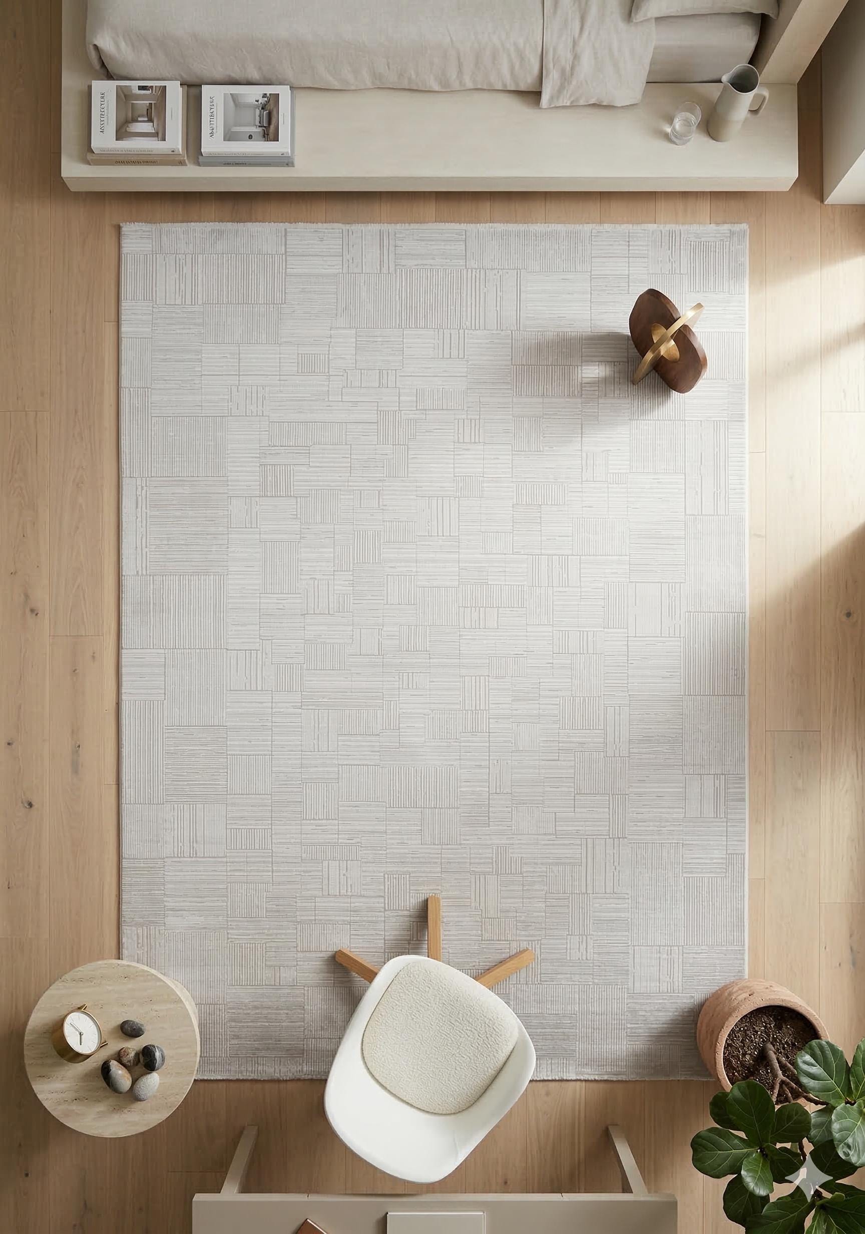 7x10ft, Modern Geometric Area Rug, Silver Grey Bamboo Silk Carpet, Abstract Line Design