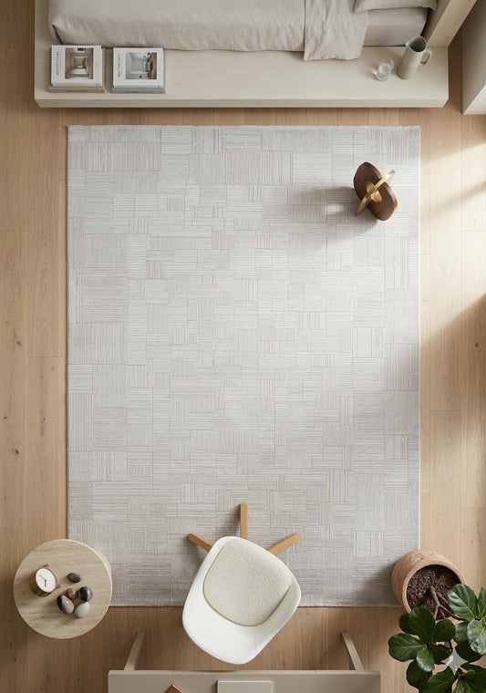 7x10ft, Modern Geometric Area Rug, Silver Grey Bamboo Silk Carpet, Abstract Line Design