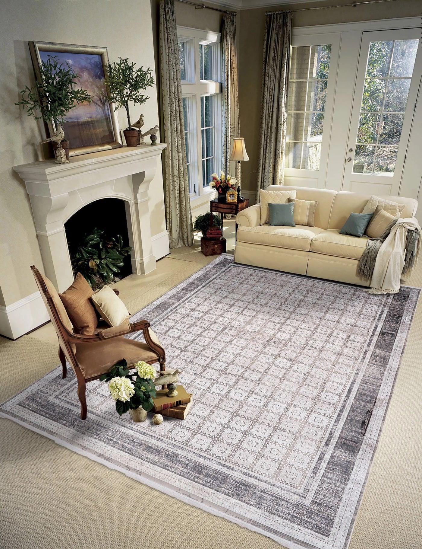 7x10ft, Distressed Oriental Rug, Neutral Gray Viscose Blend, Persian Style Living Room Carpet