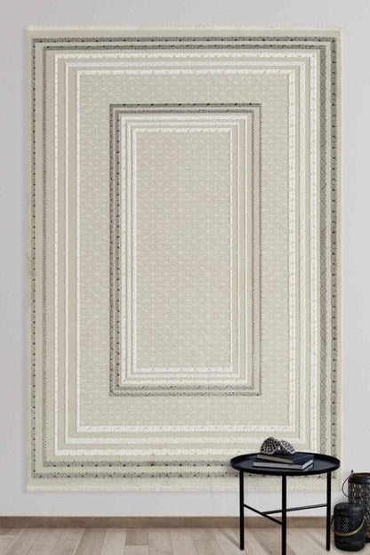 Geometric Border Area Rug – Neutral Beige Grey Textured Carpet – Japandi Boho Decor