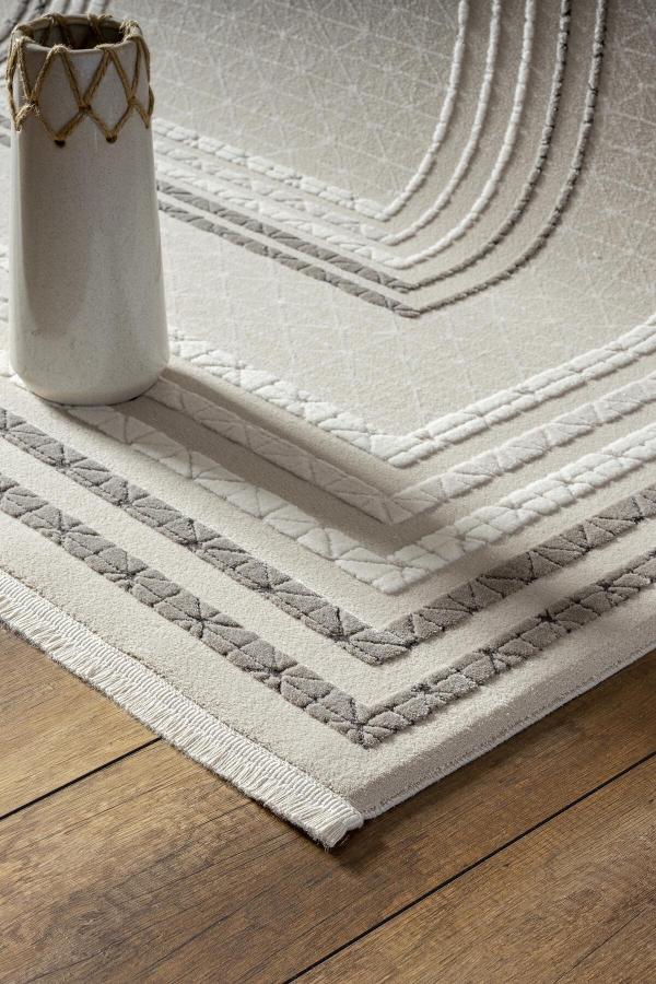 Geometric Border Area Rug – Neutral Beige Grey Textured Carpet – Japandi Boho Decor